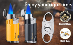 Guevara Lux----CIGAR LIGHTERS AND CUTTER SET WITH BUTANE REFILLABLE FOUR JET FLAME LIGHTERS SHARPENING BLADE CIGAR GUILLOTINE WINDPROOF LIGHTER TORCH