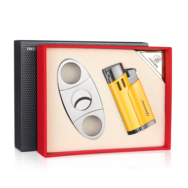 Cigar Lighters and Cutter Set with Butane Refillable Four Jet Flame Lighters Sharpening Blade Cigar Guillotine Windproof Lighter Torch