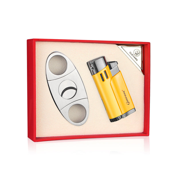 Cigar Lighters and Cutter Set with Butane Refillable Four Jet Flame Lighters Sharpening Blade Cigar Guillotine Windproof Lighter Torch