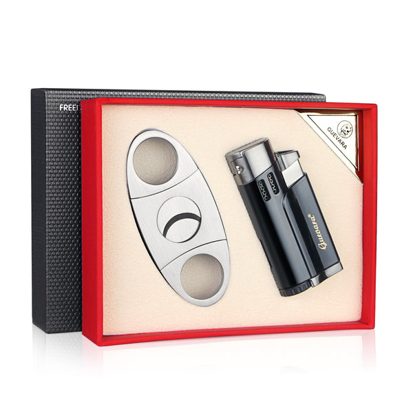 Cigar Lighters and Cutter Set with Butane Refillable Four Jet Flame Lighters Sharpening Blade Cigar Guillotine Windproof Lighter Torch