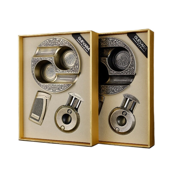 GUEVARA Cigar Lighter Ceramic Ashtray Cutter Combo Cigar Accessories Set Windproof Butane Gas Torch Lighters with Cigar Punch