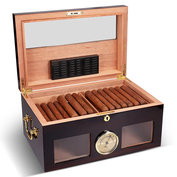 LUBINSKI Humidor Cigar Box Glass  Cedar Wood 75-100CT Capacity Big Cigar Humidor Box Home Storage Cigars Tool Box W/ Hygrometer