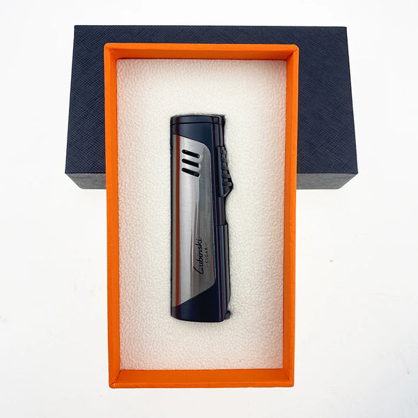 LUBINSKI Metal Cigar Lighter 4 Jet Windproof Torch Lighter Butane Cigarette Lighters Gas Portable Bulit-in Cigar Holder Stand