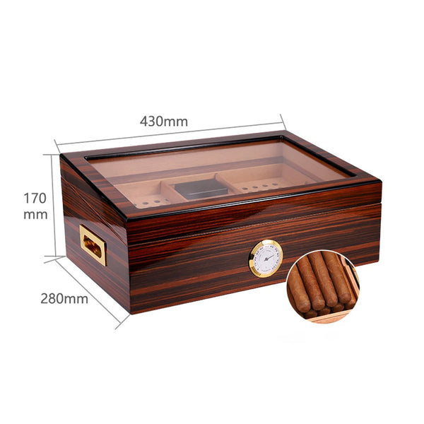 LUBINSKI Humidor Cigar Box Glass  Cedar Wood 75-100CT Capacity Big Cigar Humidor Box Home Storage Cigars Tool Box W/ Hygrometer