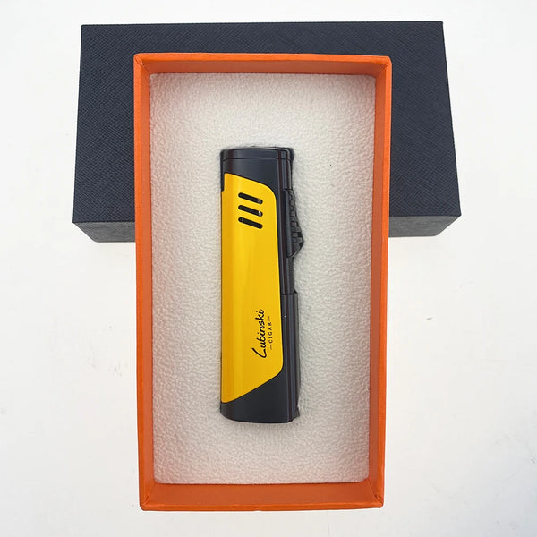 LUBINSKI Metal Cigar Lighter 4 Jet Windproof Torch Lighter Butane Cigarette Lighters Gas Portable Bulit-in Cigar Holder Stand