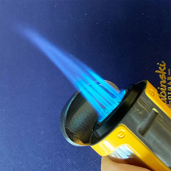 LUBINSKI Metal Cigar Lighter 4 Jet Windproof Torch Lighter Butane Cigarette Lighters Gas Portable Bulit-in Cigar Holder Stand