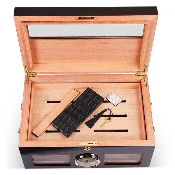 LUBINSKI Humidor Cigar Box Glass  Cedar Wood 75-100CT Capacity Big Cigar Humidor Box Home Storage Cigars Tool Box W/ Hygrometer