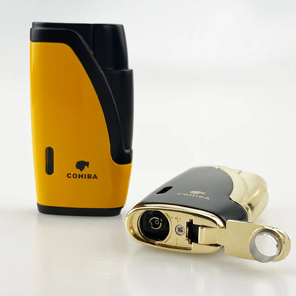 COHIBA Cigar Lighters 2 Jet Torch Flame Refillable with Cigar Punch Butance Cigarette Tobacco Tool Accessories for Gift Box