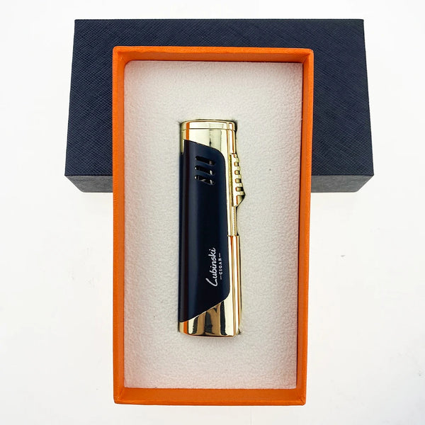 LUBINSKI Metal Cigar Lighter 4 Jet Windproof Torch Lighter Butane Cigarette Lighters Gas Portable Bulit-in Cigar Holder Stand