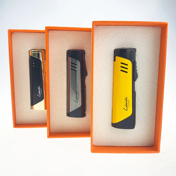 LUBINSKI Metal Cigar Lighter 4 Jet Windproof Torch Lighter Butane Cigarette Lighters Gas Portable Bulit-in Cigar Holder Stand