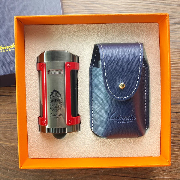 LUBINSKI Metal Cigar Lighter 4 Jet Windproof Torch Lighter Butane Cigarette Lighters Gas Portable Bulit-in Cigar Holder Stand