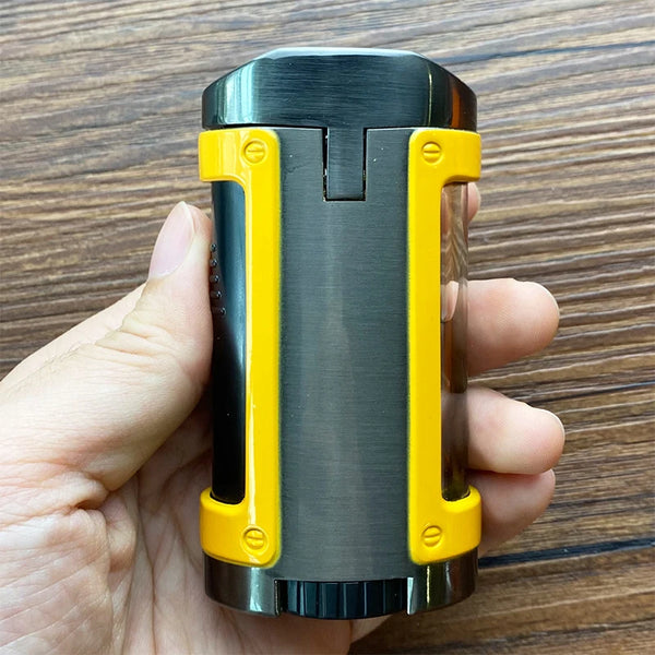 LUBINSKI Metal Cigar Lighter 4 Jet Windproof Torch Lighter Butane Cigarette Lighters Gas Portable Bulit-in Cigar Holder Stand