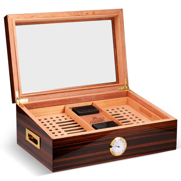 LUBINSKI Humidor Cigar Box Glass  Cedar Wood 75-100CT Capacity Big Cigar Humidor Box Home Storage Cigars Tool Box W/ Hygrometer