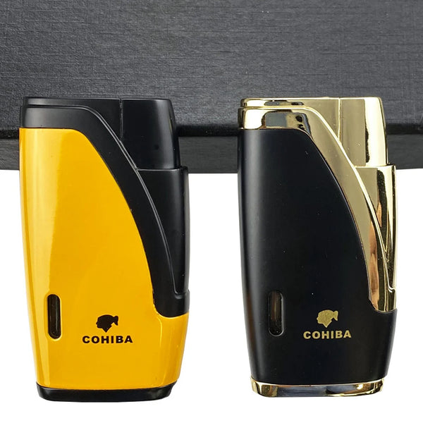 COHIBA Cigar Lighters 2 Jet Torch Flame Refillable with Cigar Punch Butance Cigarette Tobacco Tool Accessories for Gift Box