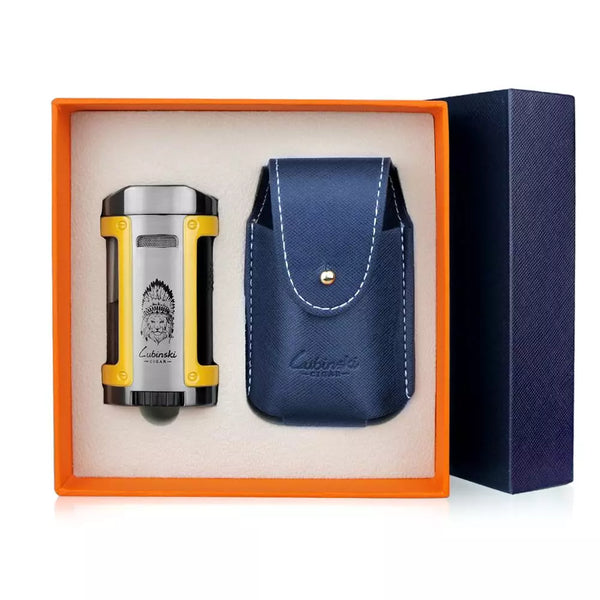 LUBINSKI Metal Cigar Lighter 4 Jet Windproof Torch Lighter Butane Cigarette Lighters Gas Portable Bulit-in Cigar Holder Stand