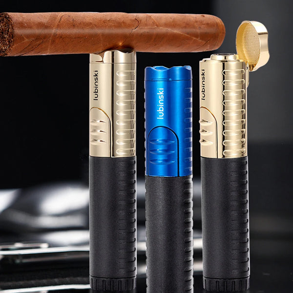 LUBINSKI Cigar Cigarette Tobacco Lighter Single Torch Jet Flame Refillable With Holder Smoking Tool Accessories Portable