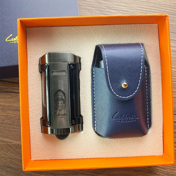 LUBINSKI Metal Cigar Lighter 4 Jet Windproof Torch Lighter Butane Cigarette Lighters Gas Portable Bulit-in Cigar Holder Stand