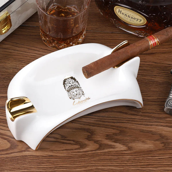 LUBINSKI Ceramic Cigar Ashtray holder 2 cigars Portable Home Cigarette Ash Slot with gift box