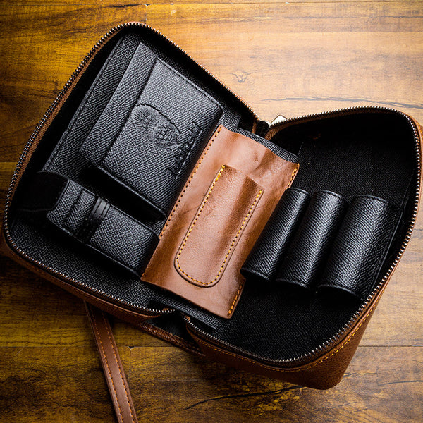 LUBINSKI Pipe Bag Portable Cowhide Three Pipe Bag Zipper Multifunctional Rubinsky Pipe Accessories Placement Bag