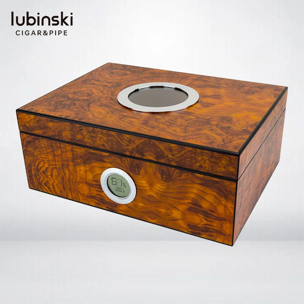 LUBINSKI  Humidor Circular See-through Window Cedar Wood Electronic Temperature and Humidity Meter Cigar Humidors for Man