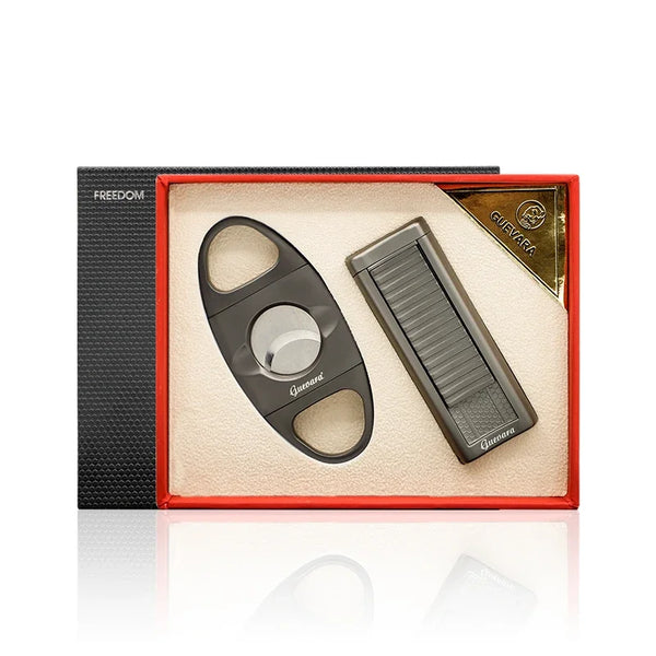 GUEVARA Cigar Set Smoking Accessories Cigar Lighter Cutter 2 Torch Jet Flame Butane Gas Windproof Lighter for Cigar Man