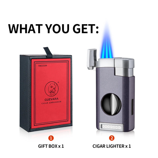 GUEVARA Cigar Lighter Cutter 2 IN 1 Sharp V-Cut Cigar Cutter Luxury Guillotine Metal 3 Jet Blue Flame Torch Lighters With Box