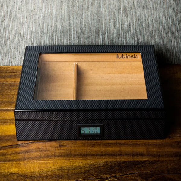 LUBINSKI Humidor Carbon Fiber Pattern Perspective Window Electronic Temperature and Humidity Meter Cigar Humidor for Man