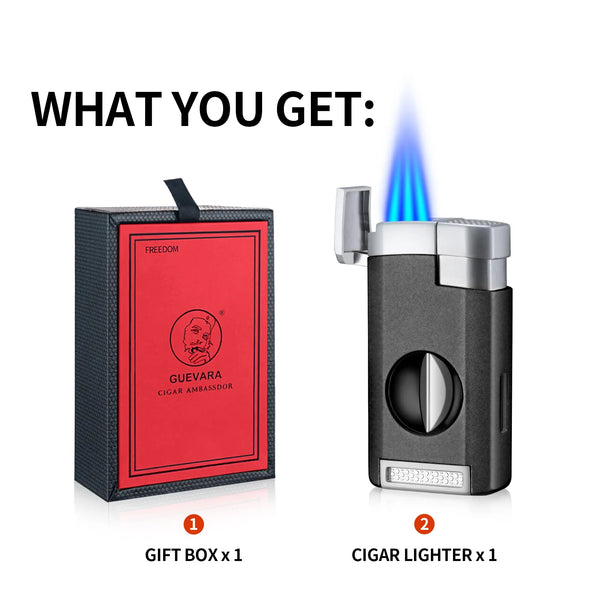 GUEVARA Cigar Lighter Cutter 2 IN 1 Sharp V-Cut Cigar Cutter Luxury Guillotine Metal 3 Jet Blue Flame Torch Lighters With Box