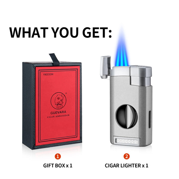 GUEVARA Cigar Lighter Cutter 2 IN 1 Sharp V-Cut Cigar Cutter Luxury Guillotine Metal 3 Jet Blue Flame Torch Lighters With Box