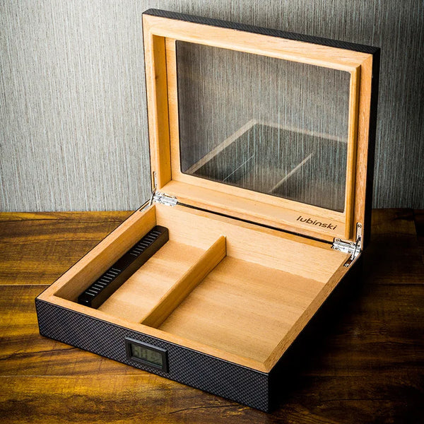 LUBINSKI Humidor Carbon Fiber Pattern Perspective Window Electronic Temperature and Humidity Meter Cigar Humidor for Man
