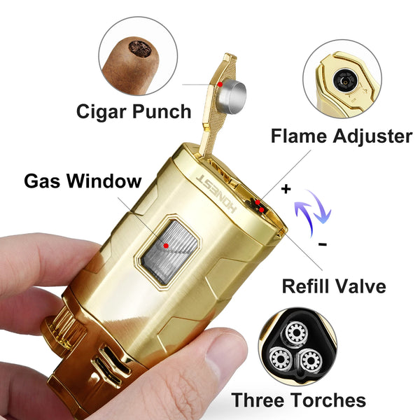 Cigar Three Torch Lighters Triple Jet Flame Refillable Butane Lighter Windproof with Punch Marjiuana Smoking Accessories