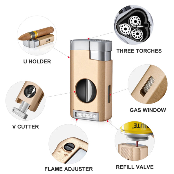 GUEVARA Cigar Lighter Cutter 2 IN 1 Sharp V-Cut Cigar Cutter Luxury Guillotine Metal 3 Jet Blue Flame Torch Lighters With Box