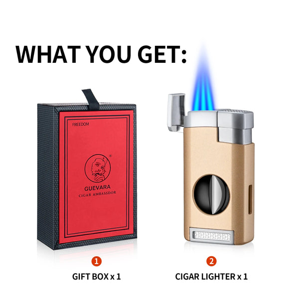 GUEVARA Cigar Lighter Cutter 2 IN 1 Sharp V-Cut Cigar Cutter Luxury Guillotine Metal 3 Jet Blue Flame Torch Lighters With Box