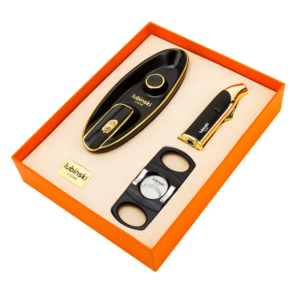 LUBINSKI Travel Set Luxury Cigar Set Cigar Windproof Lighter Sharp Cutter Ceramic Ashtray 3 Cigar Tool Fashion Gift Set for Man