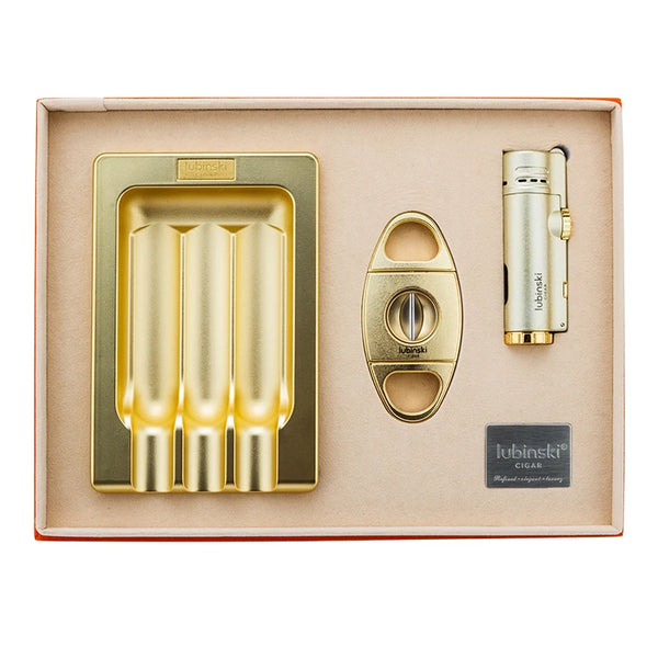 LUBINSKI Cigar Tool Set Alloy Ashtray 4 Straight Punch Lighter V-shaped Scissors Three Tool Gift Box Set Accessories