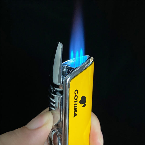 COHIBA Metal Windproof Mini Pocket Cigar Lighter 3 Jet Blue Flame Torch Cigarette Lighters With Cigar Punch Gift Box