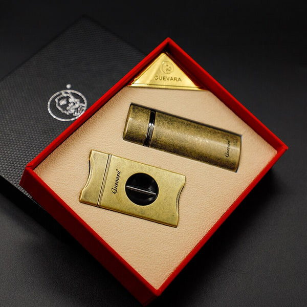 GUEVARA Metal Cigar Cutter Lighter Set Windproof 3 Jet Flame Butane USB Lighter Cigarette Case Accessories for Gift Box