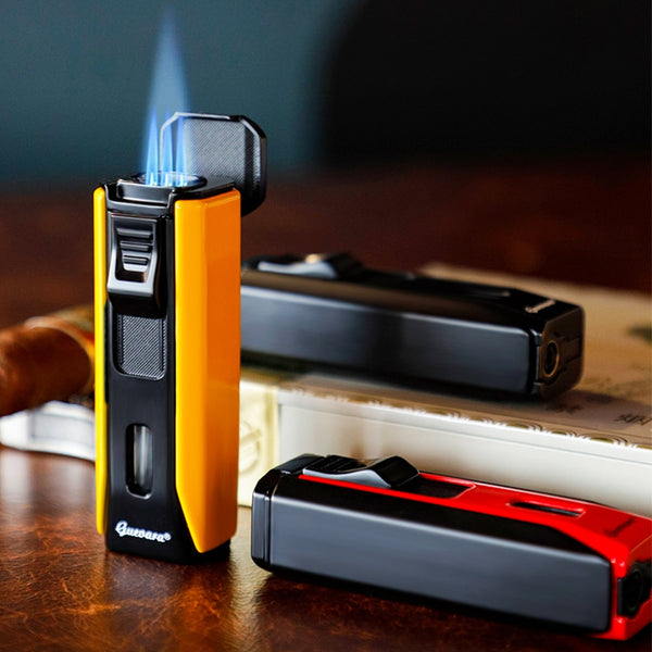 GUEVARA Windproof Cigar Lighter Metal 3 Jet Torch Triple Blue Flame Refillable Gas Butane Cigar Accessories with Cigar Punch
