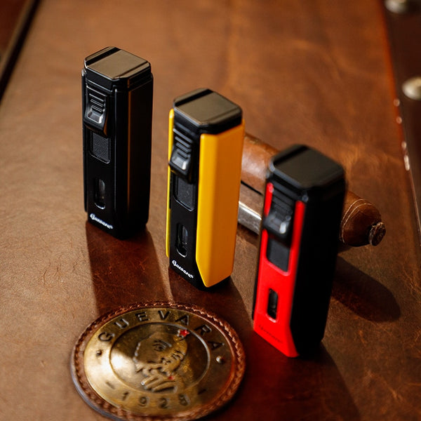 GUEVARA Windproof Cigar Lighter Metal 3 Jet Torch Triple Blue Flame Refillable Gas Butane Cigar Accessories with Cigar Punch