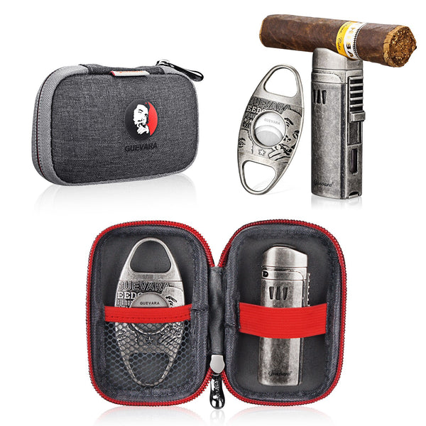 GUEVARA Stainless Steel Cigar Cutter Lighter Windproof 1 Jet Flame Butane Cigar Cigarette Case Accessories for Gift Box