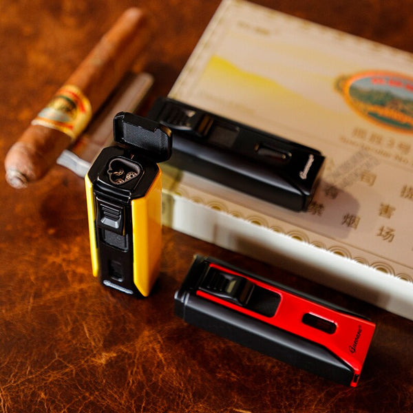 GUEVARA Windproof Cigar Lighter Metal 3 Jet Torch Triple Blue Flame Refillable Gas Butane Cigar Accessories with Cigar Punch