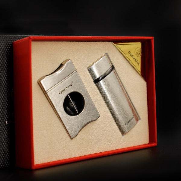 GUEVARA Metal Cigar Cutter Lighter Set Windproof 3 Jet Flame Butane USB Lighter Cigarette Case Accessories for Gift Box