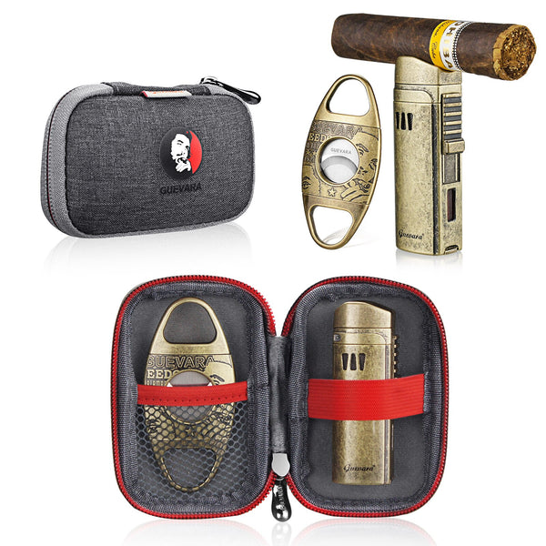 GUEVARA Stainless Steel Cigar Cutter Lighter Windproof 1 Jet Flame Butane Cigar Cigarette Case Accessories for Gift Box