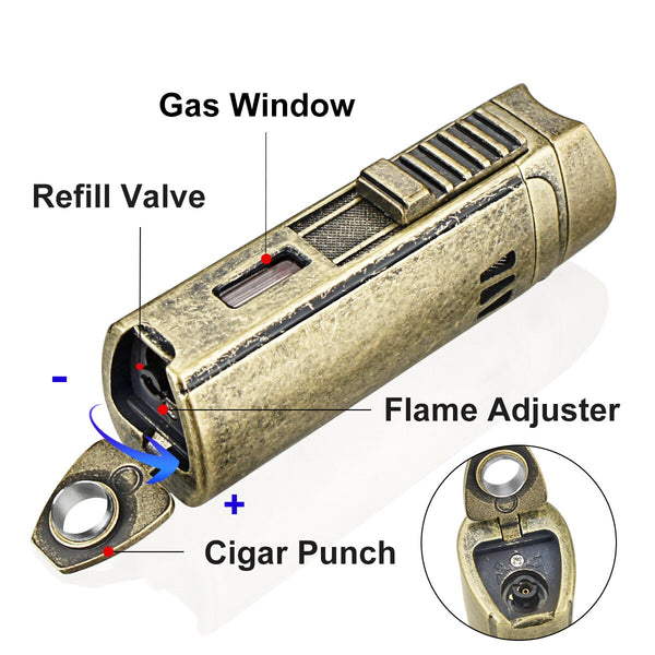 GUEVARA Stainless Steel Cigar Cutter Lighter Windproof 1 Jet Flame Butane Cigar Cigarette Case Accessories for Gift Box