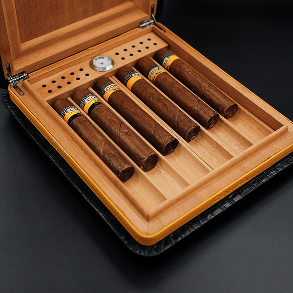 GUEVARA Luxury Leather Material Crocodile Pattern Travel Cigar Case Store 6 Cigars Humidor with Hygrometer Cigar Accessories