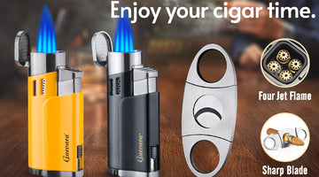 Guevara Lux----CIGAR LIGHTERS AND CUTTER SET WITH BUTANE REFILLABLE FOUR JET FLAME LIGHTERS SHARPENING BLADE CIGAR GUILLOTINE WINDPROOF LIGHTER TORCH