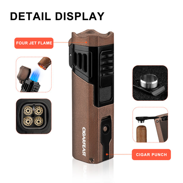 CIGARFEAST Cigar Cigarette Tobacco Lighter 4 Torch Jet Flame Refillable With Punch Smoking Tool Accessories Portable Gas Lighter