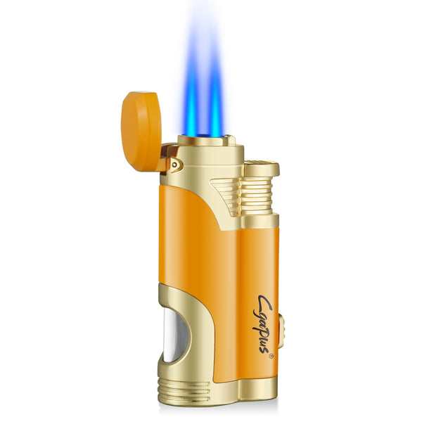Cigar Torch Butane Lighters Fuel Refillable Lighter with Punch Cutter and Set Double Jet Strong Flame Windproof