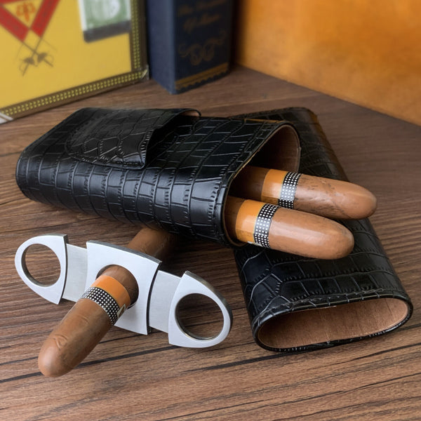 2PACK Cigar Case Leather Cigar Travel Case Portable Humidor Box with Cutter