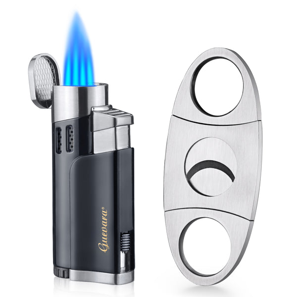 Cigar Lighters and Cutter Set with Butane Refillable Four Jet Flame Lighters Sharpening Blade Cigar Guillotine Windproof Lighter Torch